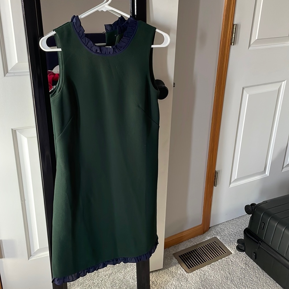 Forrest green with navy trim shift dress.